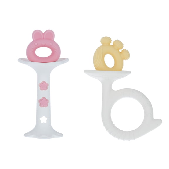 Nuby 2pk Silicone Fun Teether, Bunny & Tuba Teether, Pink and Yellow