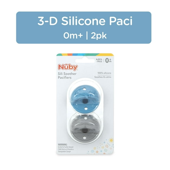 Nuby 3-D Sili Soother Baby Pacifier, Rocket and Mustache, 2 Pack
