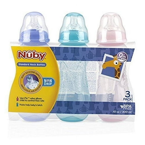 Nuby 3 Pack Bottles, 10 Ounce Purple/Aqua/Pink