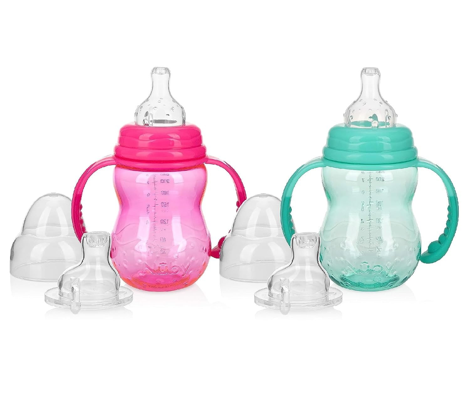 Nuby 3 Stage Tritan Wide Neck Grow with Me No-Spill Bottle to Cup, 8oz, 2 Count, Pink/Teal