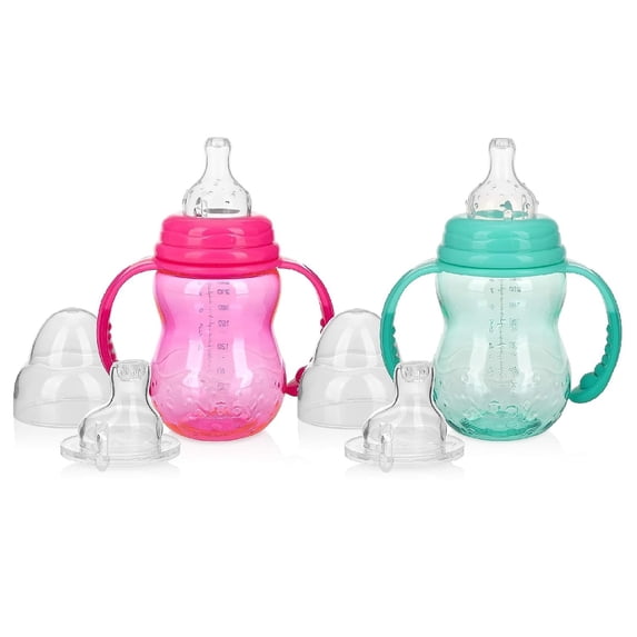 Nuby 3 Stage Tritan Wide Neck Grow with Me No-Spill Bottle to Cup, 8oz, 2 Count, Pink/Teal