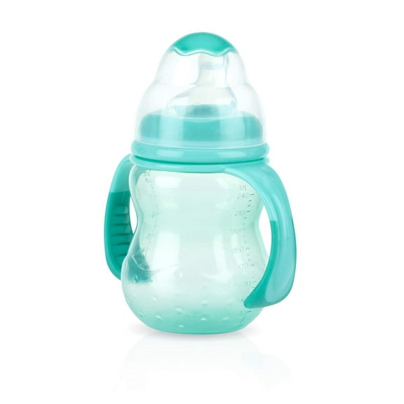 Nuby 3-Stage Wide Neck No Spill Bottle with Handles And Non-Drip Juice Spout, 3 Months, 8 Ounce, Teal