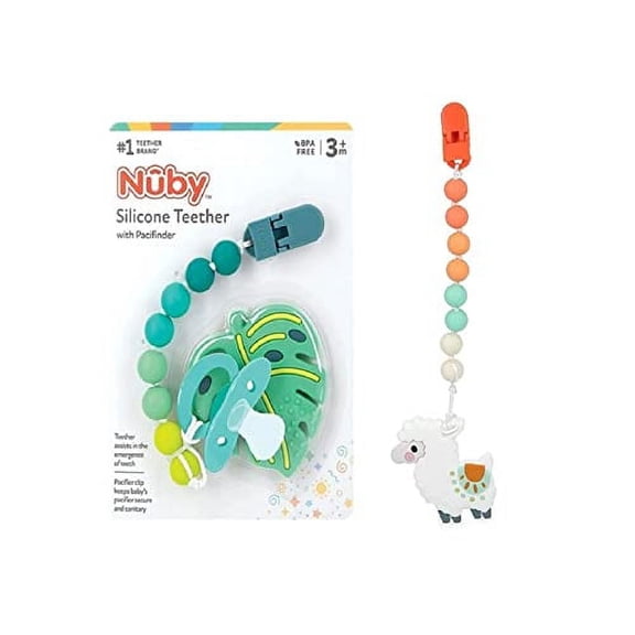 Nuby All Silicone Teether with Bonus Silicone Pacifinder with Clip - 3+ Months, 1pk Monstera Leaf/Llama