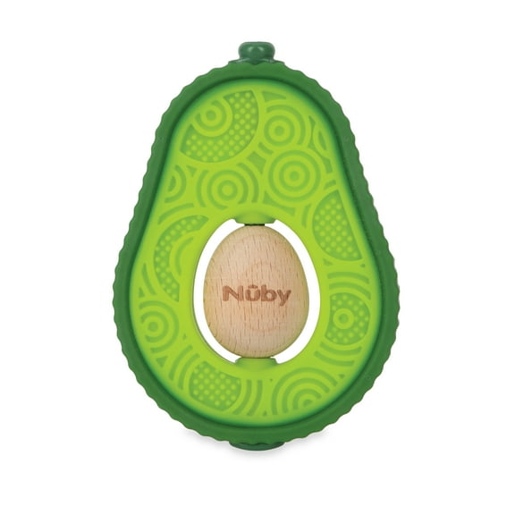 Nuby Avocado Muncher Silicone and Wood Teether Toy for Babies, Green Avocado Design