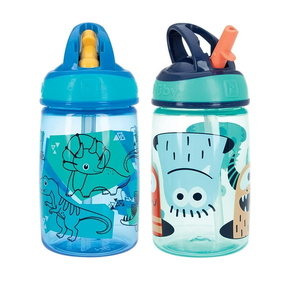 Nuby BPA Free Flip It On The Go Kids Aqua Water Bottle with Hard Straw, Pack of 2, 12 oz