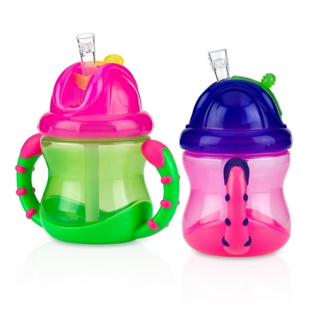 Nuby Flip N Sip Straw Sippy Cup, Green/Pink, 8 fl oz, 2 Count