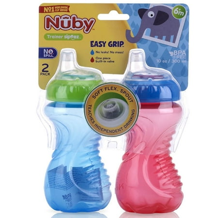 Nuby No Spill Easy Grip Trainer Cup 10 oz, Blue, Red - 2 Pack