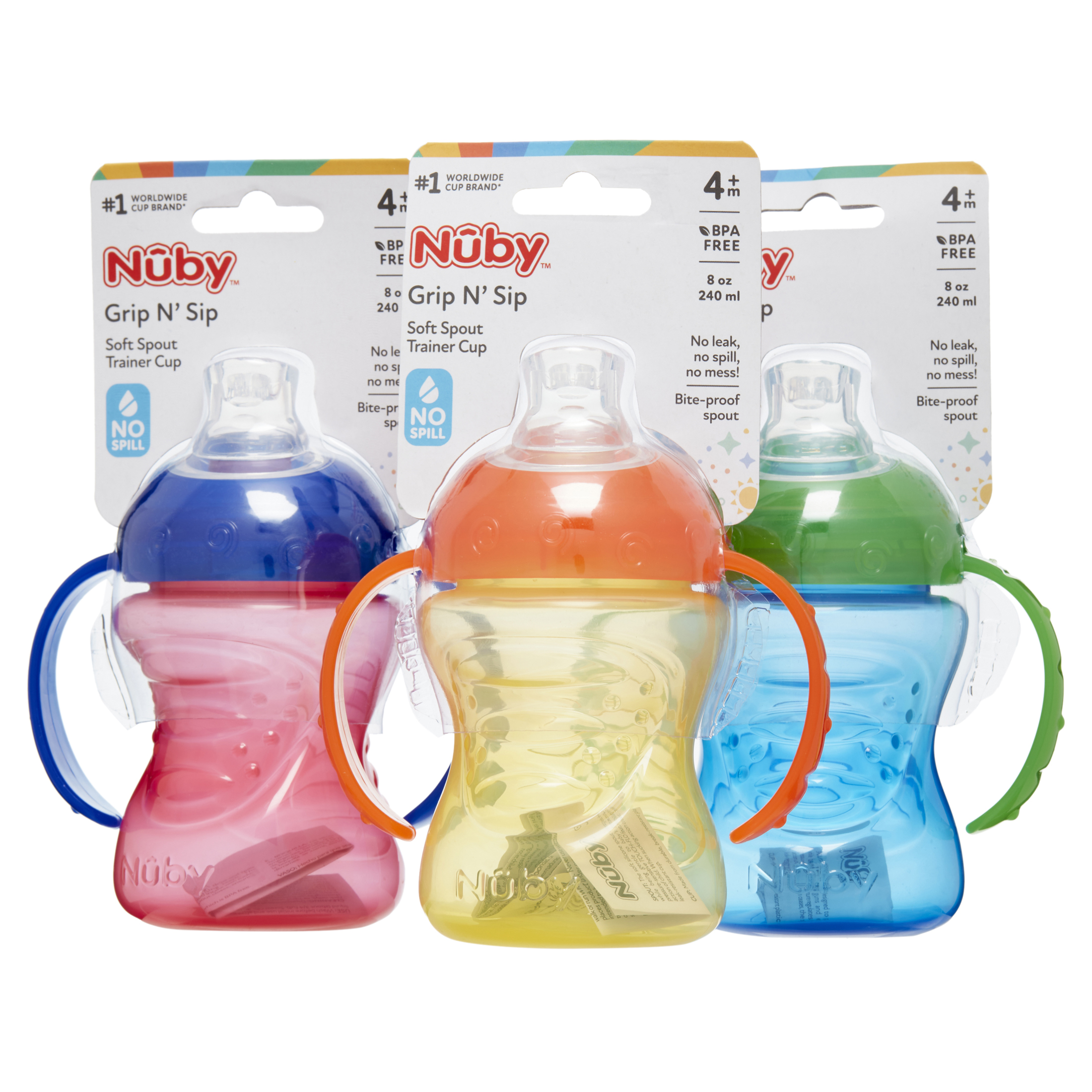 Nuby No-Spill Grip N' Sip Soft Spout Trainer Cup, 8 fl oz, 3 Count - image 1 of 10