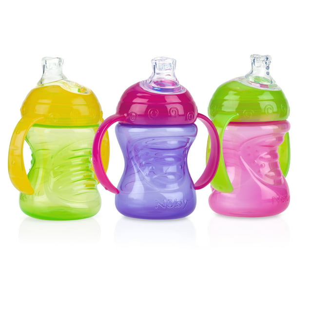 Nuby No-Spill Grip N' Sip Trainer Soft Spout Sippy Cup, 8 fl oz, 3 Count