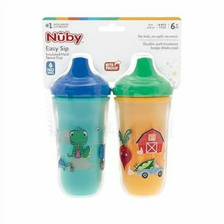 Nuby No-Spill Insulated Hard Spout 9 oz Cup, 2 Count Aqua/Yellow