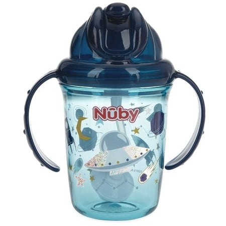Nuby No Spill Tritan 2 Handle 360 Weighted Straw Glitter Print - Spout Cup, 8oz/ 240 Ml /4 Months +, Blue Space