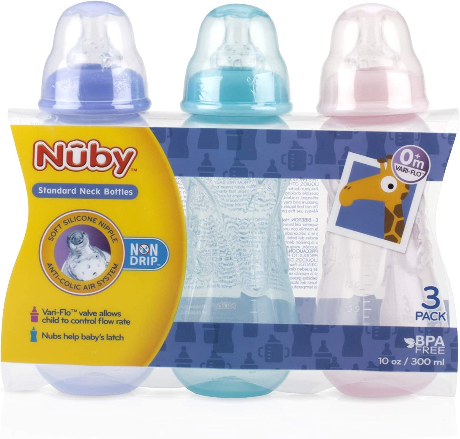 Nuby No-Drip Baby Bottles 3-Pack - 10oz Tinted Anti-Colic Feeding Set