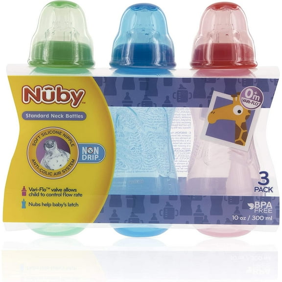 Nuby Non-Drip 3-Stage Wide Neck Bottle to Cup, 8 Ounce Red/Blue/Green
