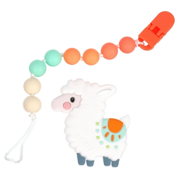 Nuby Pacifinder Pacifier Clip and Silicone Teether Toy for Babies, White Llama Design
