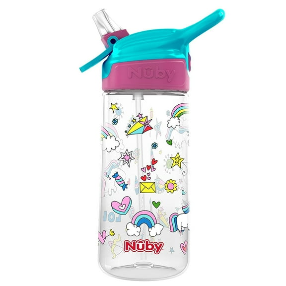 Nuby Push Button Flip-it Soft Spout Tritan Water Bottle, Unicorns, 18 Oz