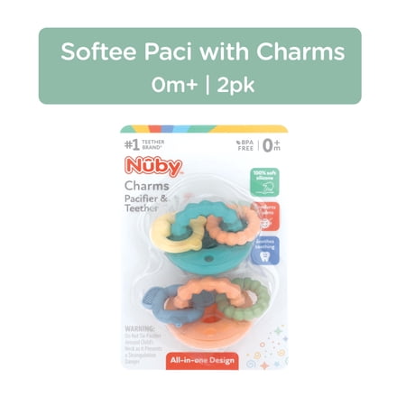 Nuby Silicone Softee Pacifier with Teething Charms for Infants, 2 Pack
