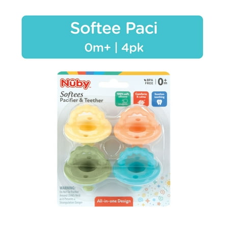 Nuby Softees Pacifier and Teether for Babies, 4 Pack Infant Pacifiers