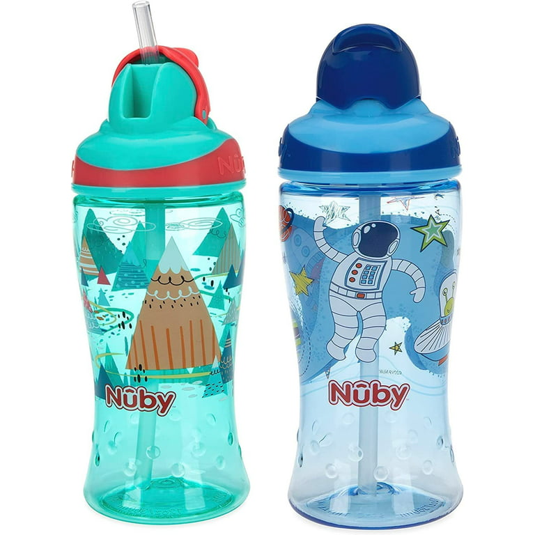 Nuby Thirsty Kids No-Spill Flip-It Printed Boost Cup with Thin Soft Straw - 12oz, 18+ Months, Adventure Mountains/ Space, Blue
