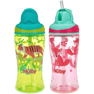 Nuby Flip-It Kids On-The-Go Printed Water Bottle with Bite Proof Hard Straw - 12oz / 360 mL, 18+ Months, 2 Pk Prints May Vary