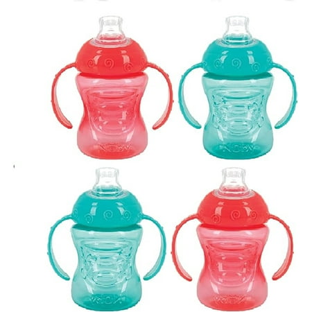 Nuby Two-Handle No-Spill Super Spout Grip N' Sip Cup, 4 Count, Coral/Aqua