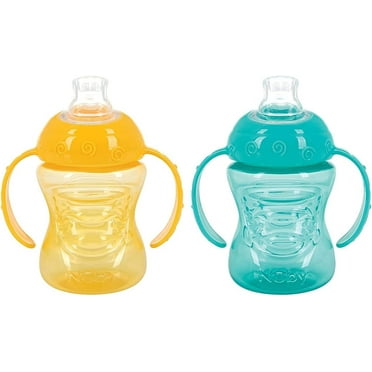 Nuby Two-Handle No-Spill Super Spout Grip N' Sip Cup, 4 Count, Yellow/Aqua