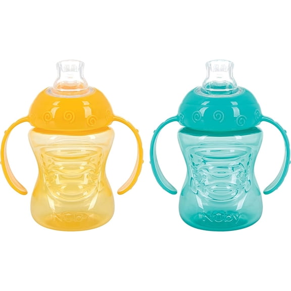 Nuby Two-Handle No-Spill Super Spout Grip N' Sip Cups, 8 Ounce 2 Count, Yellow, Aqua