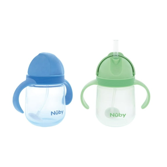 Nuby's Clik-It 2-Handle Silicone Trainer Cup with Weighted Straw for Toddlers, ages 12 months+, Blue/Green, 2 Pack