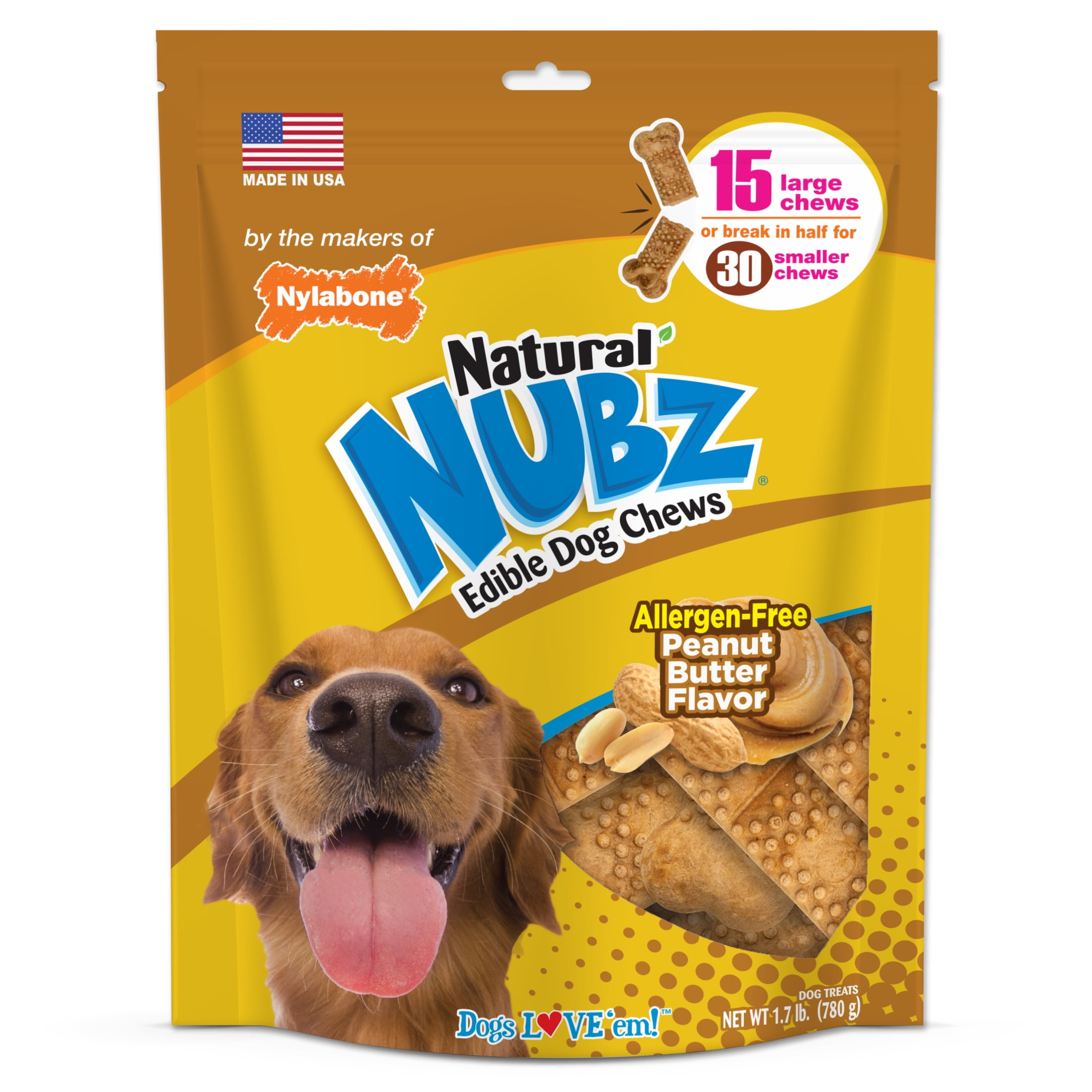 Nylabone Nubz Peanut Butter Dog Chew Treats Large - 30+ lbs. (15 Count)