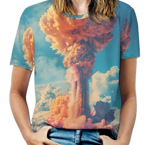 Nuclear Mushroom Cloud Womens Tops Women's Fashion Casual Short Sleeve Flower Print Round Neck Pullover Top Blouse