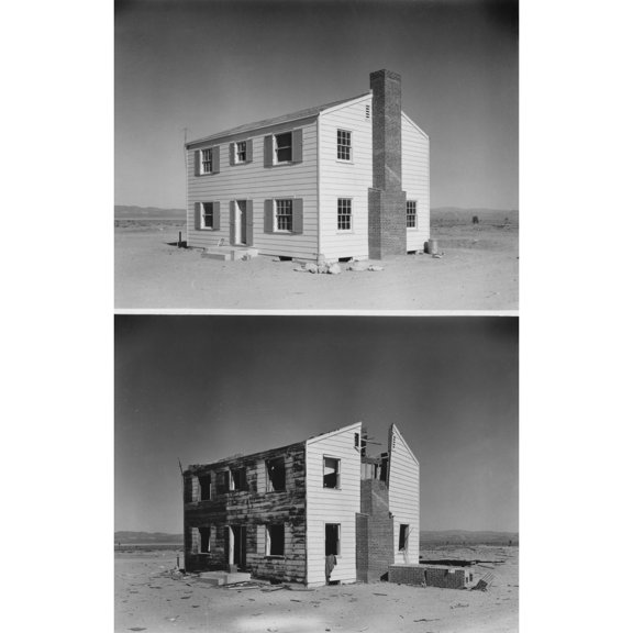 Nuclear 'Operation Cue' Tested Buildings' Ability To Survive Atomic Bombs. Before And After Photos Of A Two-Story Wood