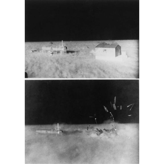 Nuclear 'Operation Cue' Tested Structures' Ability To Survive Atomic Bombs. Bottom Image Shows A Disintegrating Shed Beside Liquefied Petroleum Tank As Blast Wave Hits. April 4 History (18 x 24)