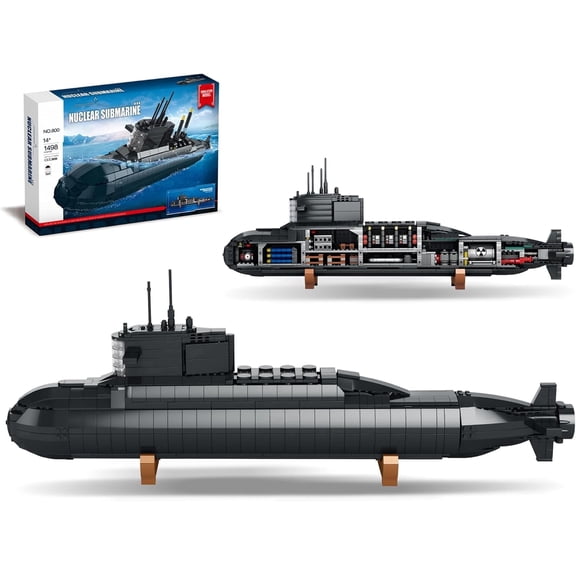 Nuclear Submarine Building Block Toy Set WW2 Military Battleship Model with Lights, 1498 PCS