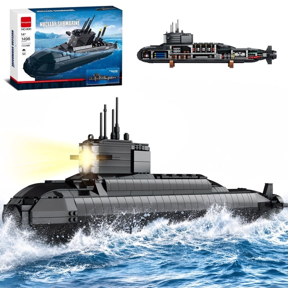 WW2 Nuclear Submarine Building Set with Lights Compatible with Lego, 1498 pcs Military Model Kit Collectible Decor Gift for Teens Adults 14+
