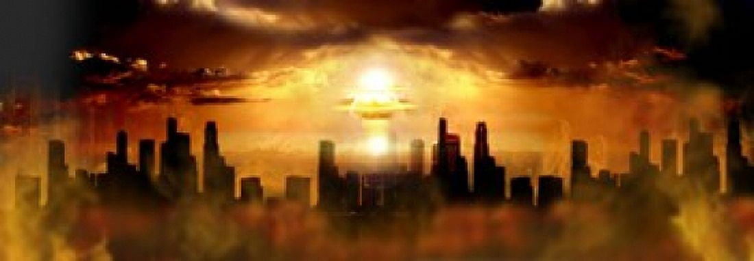 Nuclear blast behind city Canvas Art - Panoramic Images (18 x 7)