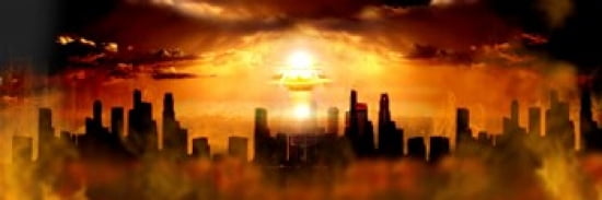 Nuclear blast behind city Canvas Art - Panoramic Images (36 x 13)
