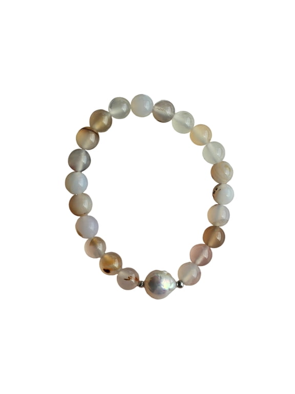 Nucleated Baroque Pearl & Natural Flower Agate Stretch Bracelets.