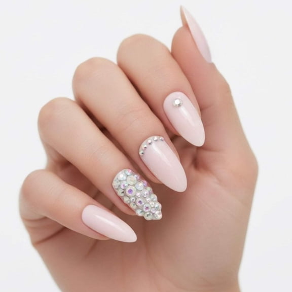 Nude 3D Crystal Press On Nails, Long Stiletto Acrylic Tips Rhinestones Design Fake Nails Set