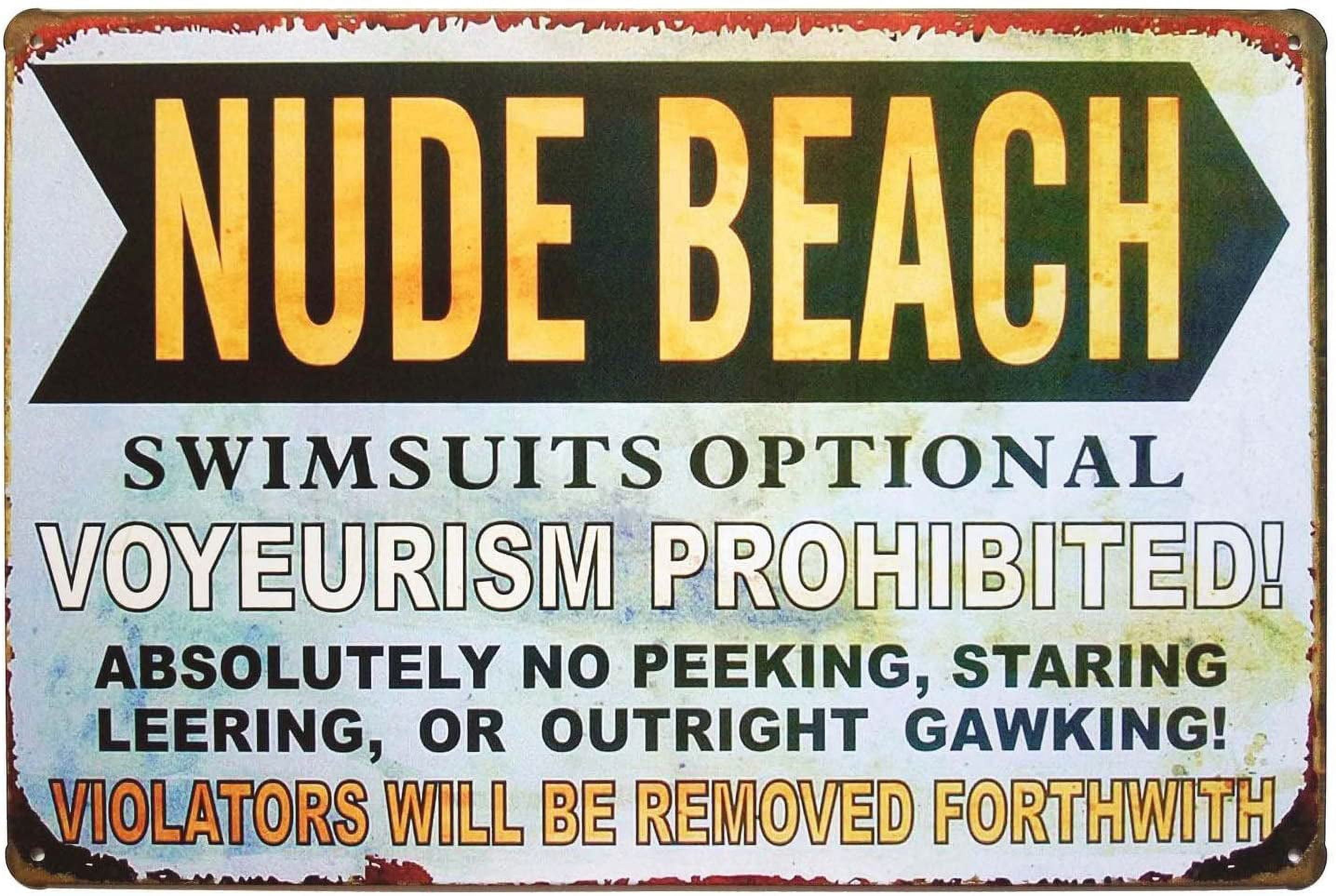 Nude Beach Swimsuits Optional Voyeurism Prohibited Metal Tin Sign Vintage Plaque Home Wall Decor, 8x12 Inches