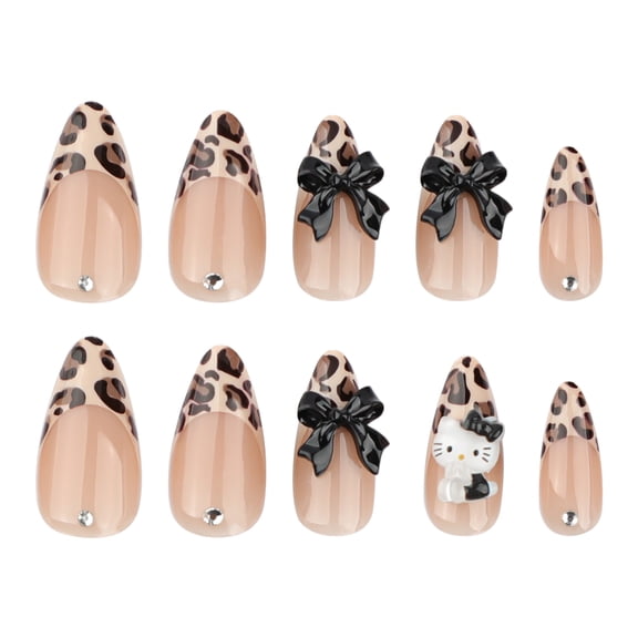 Nude Beige Leopard Print Black Bow Rhinestone Accent Press on Nails, Long Stiletto Glossy False Nails, 24 Count