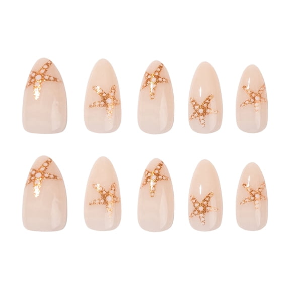 Nude Beige Starfish Press on Nails with Rhinestone Accent, Medium Almond Glossy False Nails, 24 Count