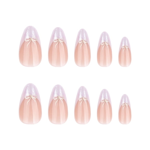 Nude Beige and White Almond Press on Nails, French Tip, Bow, and Wave Pearlescent Fake Nails with Pearl Accents, 24 Count