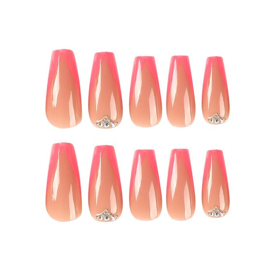 Nude Beige with Pink V-shaped French Tip Rhinestone Accent Press on Nails, Medium Coffin Glossy Finish False Nails, 24 Count