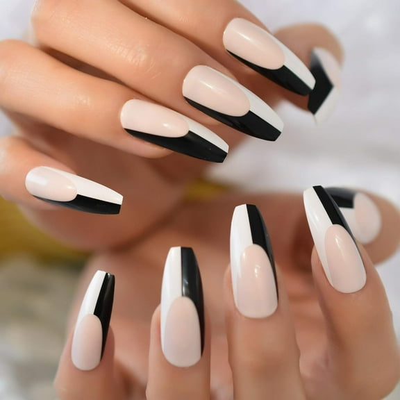 Nude Black White French Press On Nails, Extra Long Tips Coffin Ballerina Fake Nails, Rose Noir
