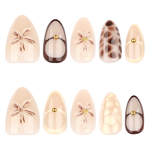 Nude Floral Metal Bead Leopard Print Press on Nails Medium Almond Fake Nails Full Cover Adhesive Press Ons Glossy Acrylic False Nails Nail Tips DIY Manicure for Women Girls Home Manicure 24 Pcs