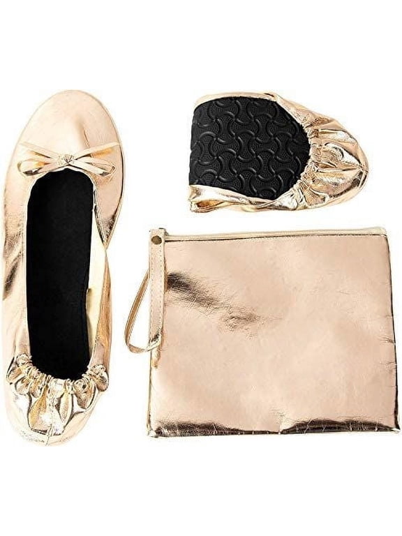 Nude Foldable Ballet Flats for Women, Roll Up Flats with Zipper Pouch, US Size 8.5-9.5