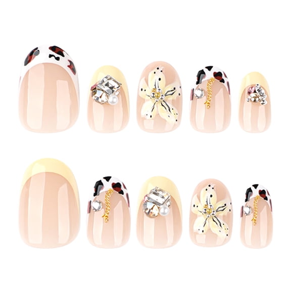 Nude French Tip Floral Pearl Press on Nails Round Fake Nails Full Cover Adhesive Press Ons Glossy Jelly Acrylic False Nails Nail Tips DIY Manicure for Women Girls Home Manicure Salon Look 24 Pcs