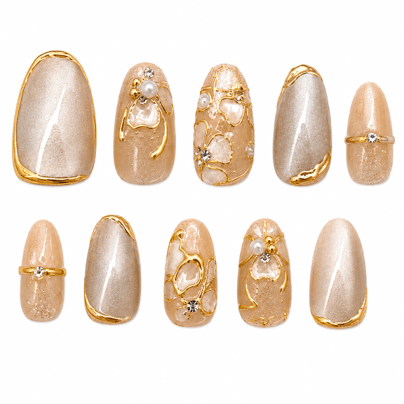 Nude Gold Floral Press on Nails, Short Almond Glossy Cat Eye False Nails with Rhinestones, 30 Count
