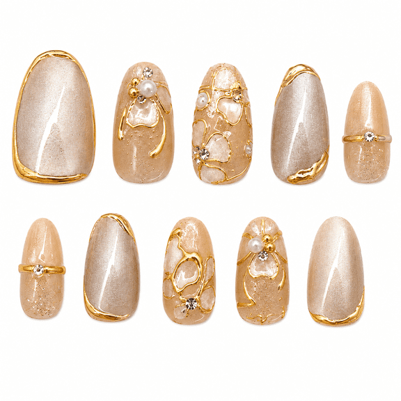 Nude Gold Floral Press on Nails, Short Almond Glossy Cat Eye False Nails with Rhinestones, 30 Count