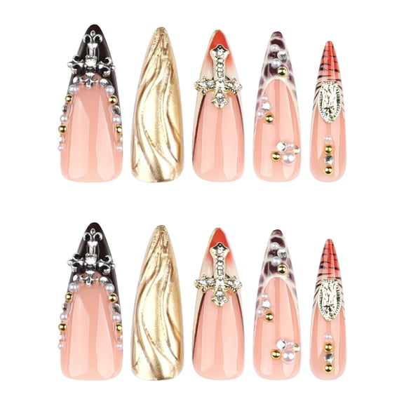 Nude Gold French Tip Pearl Rhinestone Press on Nails Stiletto Fake Nails Full Cover Adhesive Press Ons Glossy Glitter Acrylic False Nails Nail Tips DIY Manicure for Women Girls Home Manicure 24 Pcs