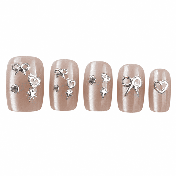 Nude Gray Bow Star Press on Nails, Short Square Glossy Cat Eye False Nails, 30 Count